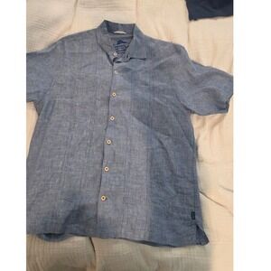Tommy Bahama Mens Linen Blend Short Sleeve Button Up Shirt Blue Size L